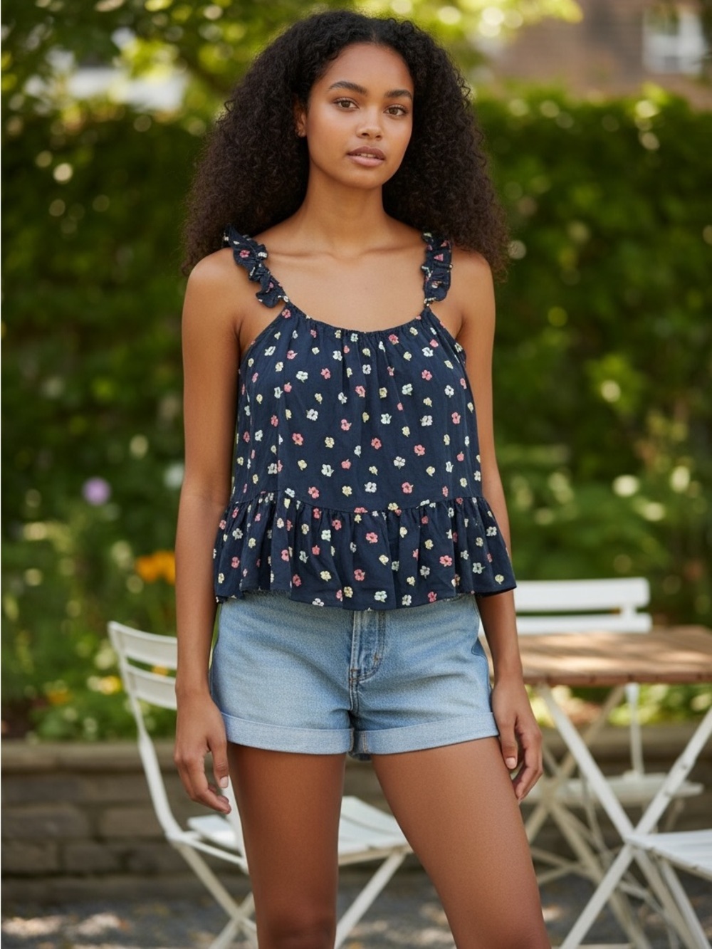 Madewell Silk Ruffle-Strap Cami Boho Crop Flowy Top in Confetti Floral
